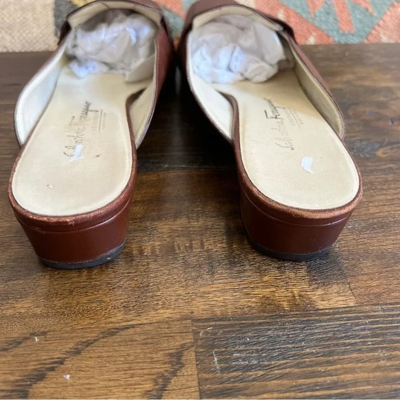 Salvatore Ferragamo Brown CalfLeather Gancini Embroidered Mules Size 10 B